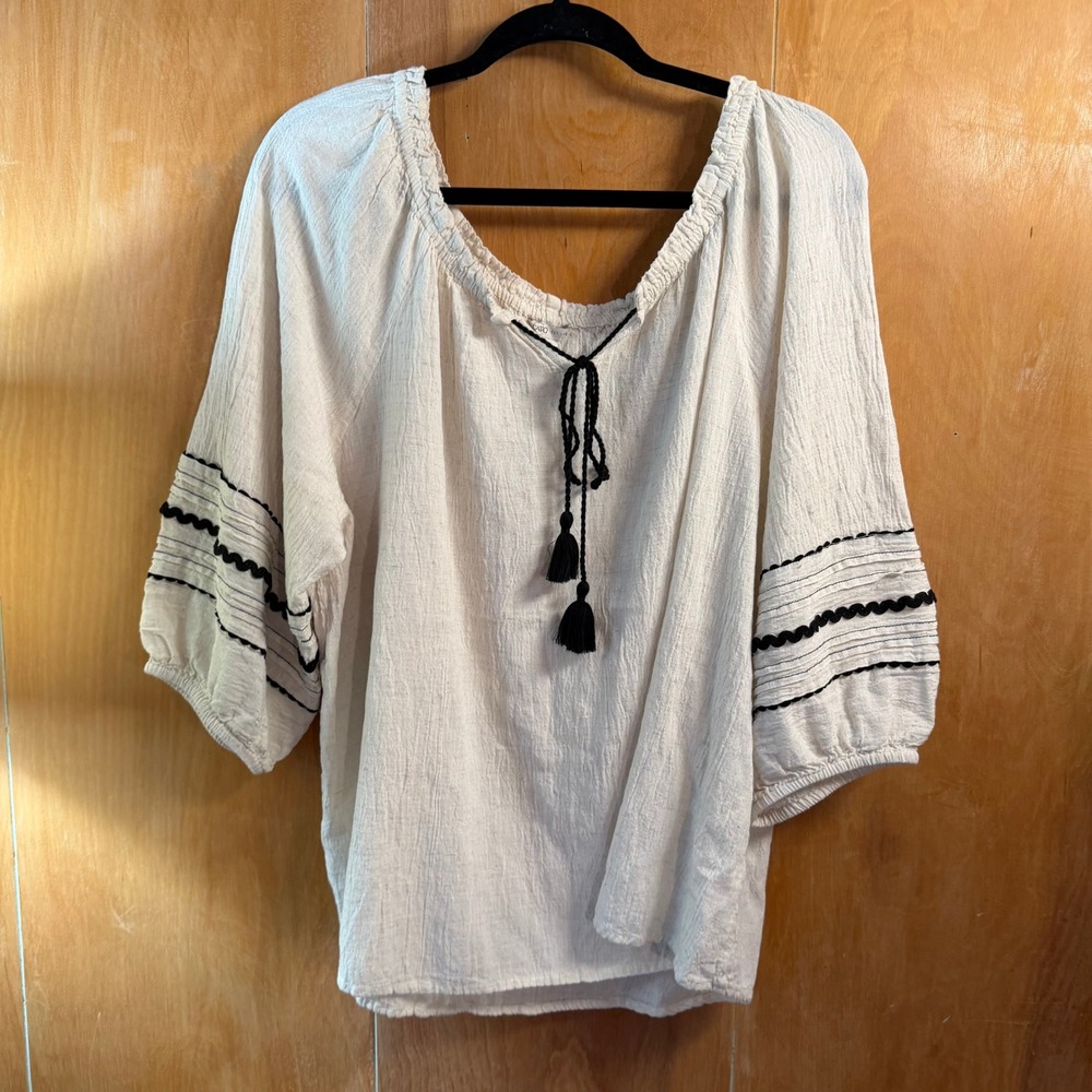 Cat 22/24W Cream Linen Blend Tassel Peasant Blouse Rickrack Top - Picture 3 of 6
